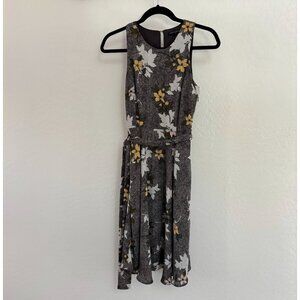 Banana Republic Brown Herringbone Floral Sleeveless A-Line Dress With Tie Waist.